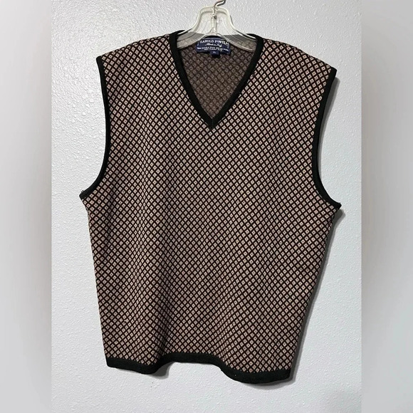 Harold Powell 100% Merino Wool Mens Vest Made in Italy Black/Tan Knit Sz XL MINT - Picture 1 of 4